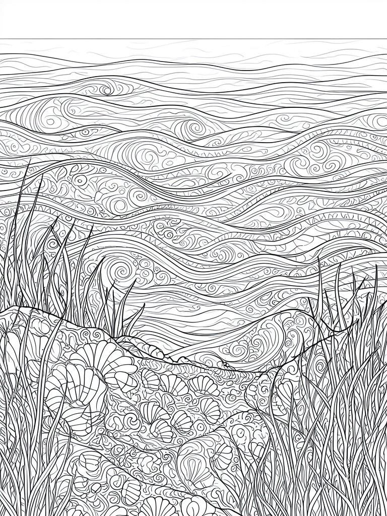 A black and white line drawing of ocean waves with swirling patterns above a beach area filled with seashells and tall grass.