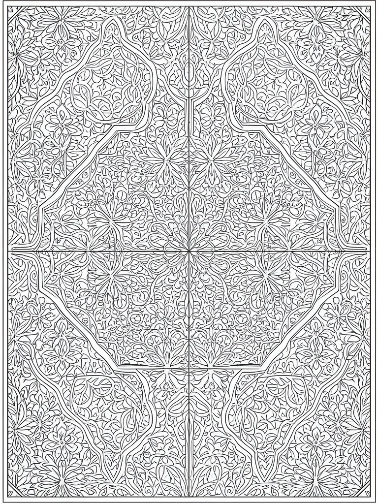 A black and white coloring page with a symmetrical intricate design of flowers, leaves, and arches arranged in repeating sections.