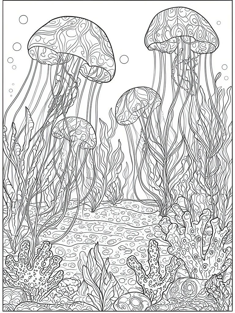 Line art of jellyfish swimming among coral, seaweed, and rising bubbles underwater