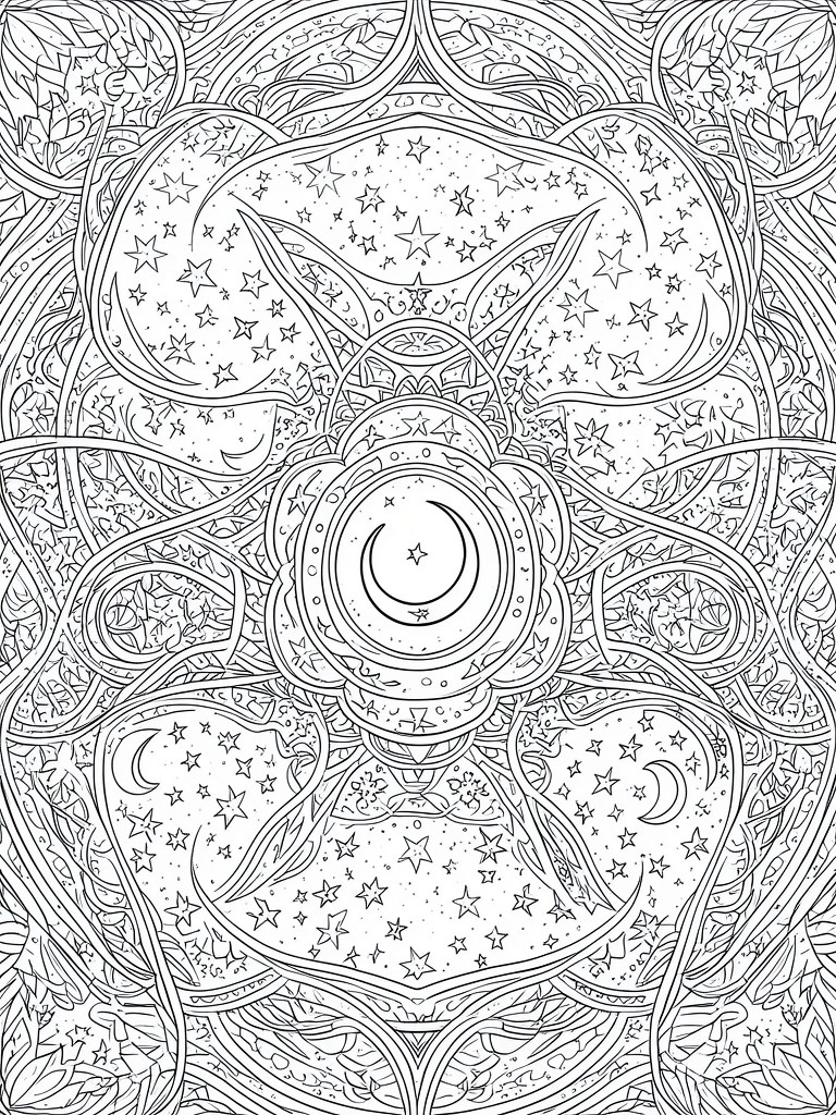 Intricate black-and-white mandala with stars, crescent moons, and swirling floral patterns.