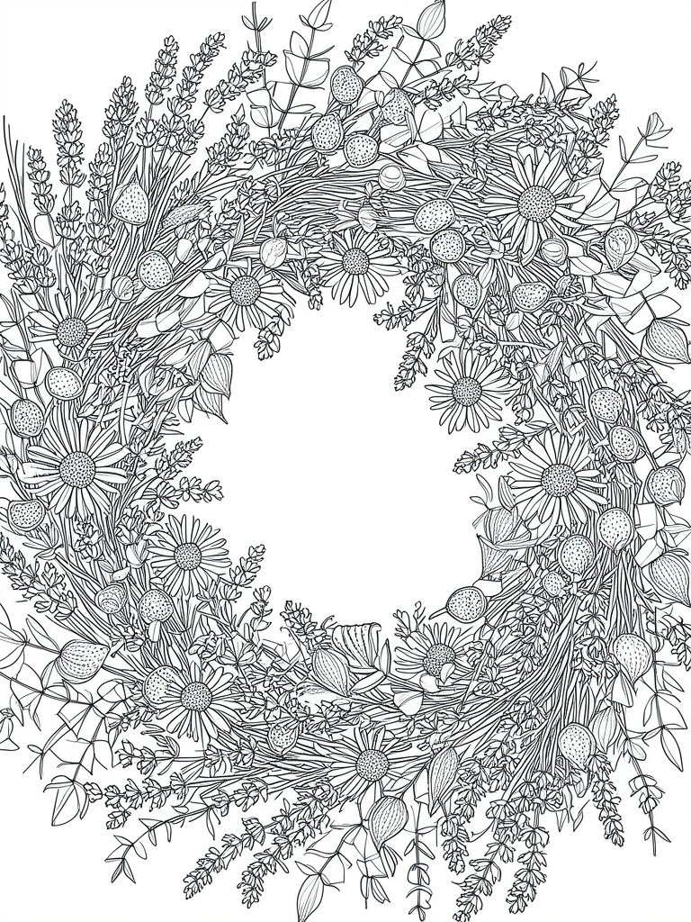 A black and white line drawing of a circular floral wreath filled with daisies, lavender, berries, and leaves around an empty center.