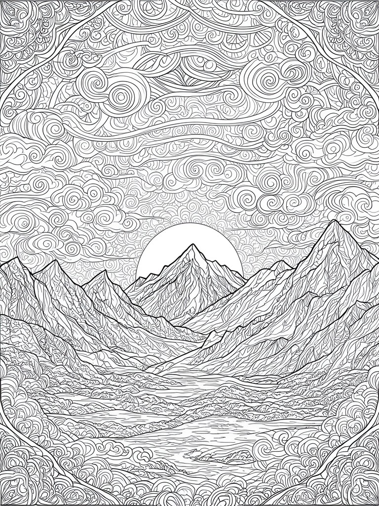 Black and white line art of mountains with a sun, swirling clouds, and a valley river.