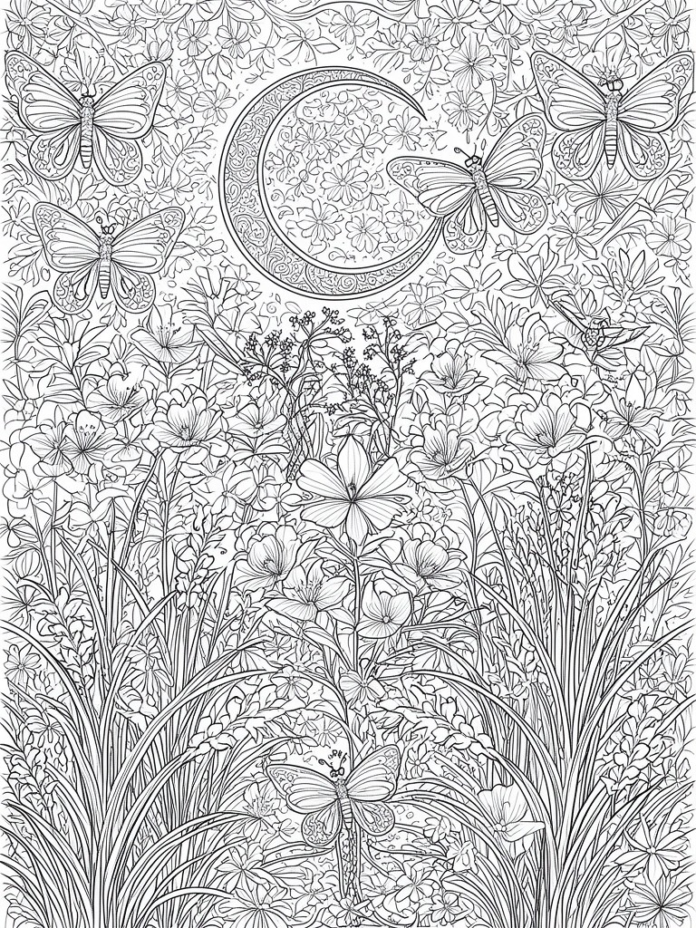 A black and white line drawing of a crescent moon, butterflies, flowers, and tall grass forming a dense garden scene.