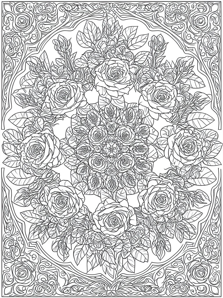 Intricate black-and-white mandala of blooming roses with ornate leafy borders.