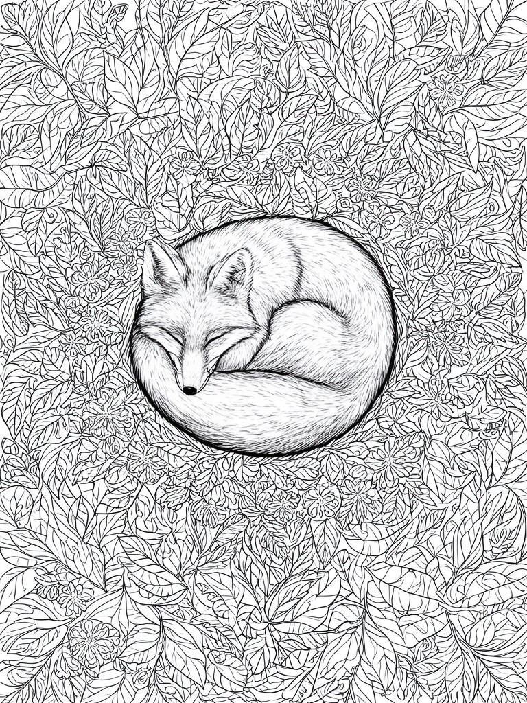 Sleeping fox curled amid dense leaves and flowers in line art