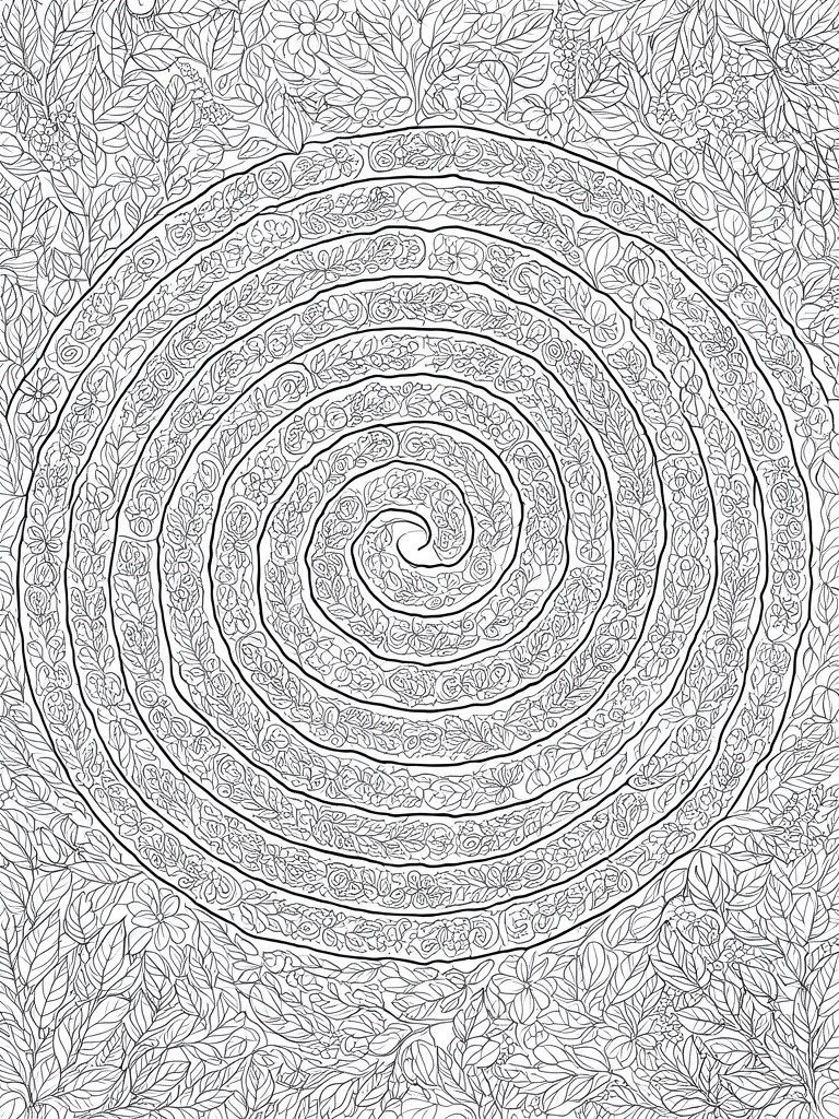 Intricate black-and-white spiral mandala filled with floral and leaf patterns.