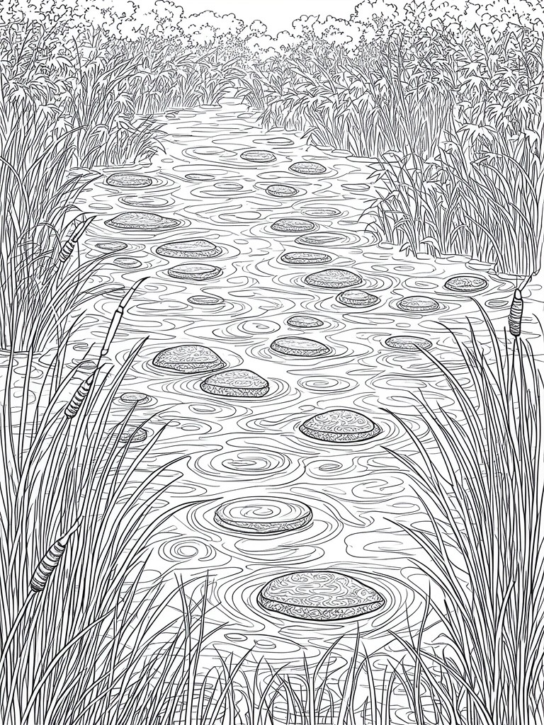 Line art of stepping stones crossing a stream amid dense reeds and grasses