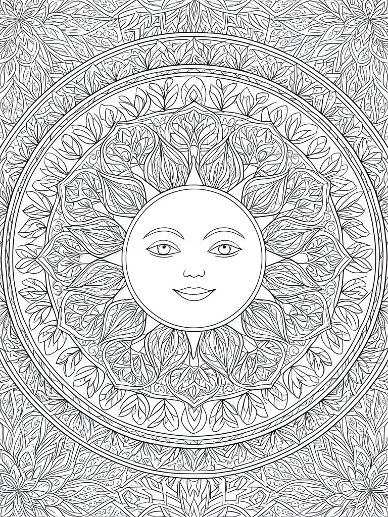 A black and white mandala coloring page showing a central sun with a face surrounded by concentric rings of leaf and floral patterns.