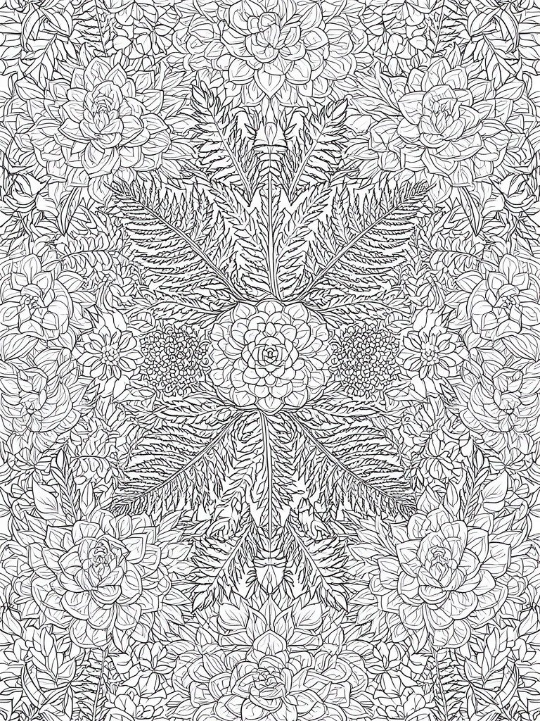 Symmetrical black-and-white floral pattern with detailed flowers and foliage