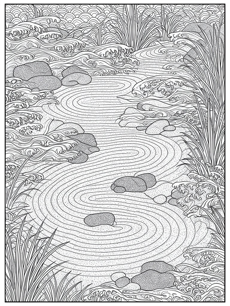A black and white coloring page of a winding stream with rocks and tall grass using detailed wave and texture lines.