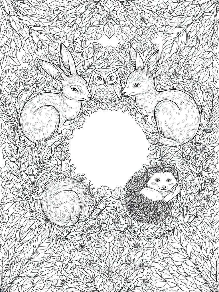 A black and white coloring page showing two rabbits, an owl, and a hedgehog arranged in a circle among leaves and flowers with an empty center.