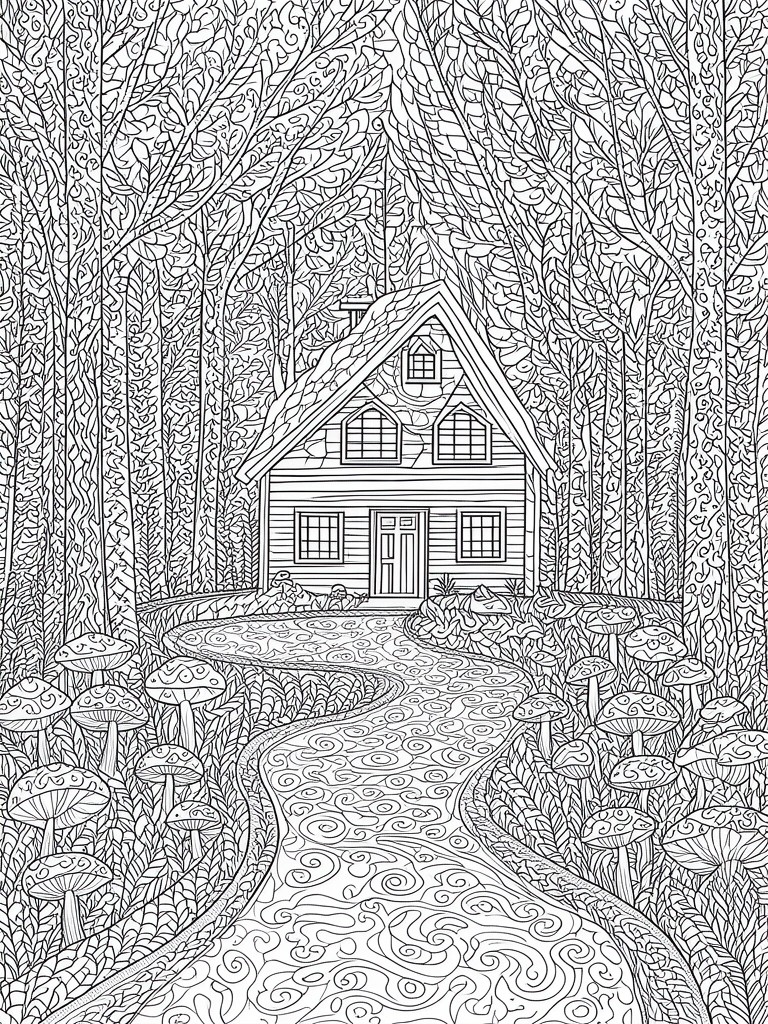 A black and white line drawing of a house in a forest with a winding path, tall trees, and many mushrooms.