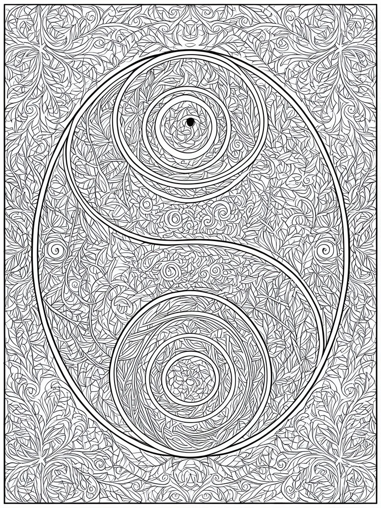 A black and white coloring page showing a yin-yang symbol made of intricate floral patterns and concentric circles.