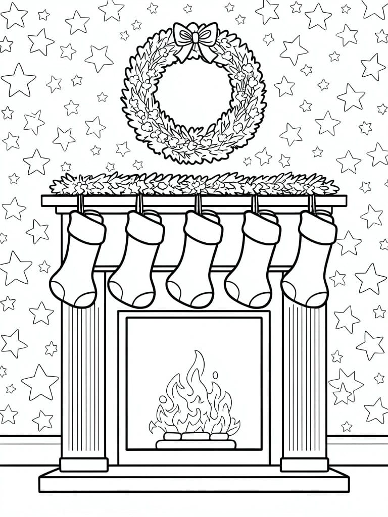 A black and white line drawing of a Christmas fireplace mantel with five stockings, a wreath above, garland, and stars scattered in the background.