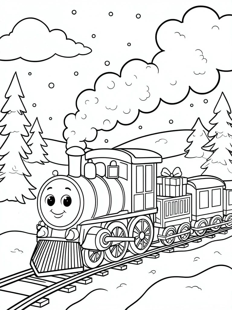 Smiling cartoon train with gifts traveling through snowy pine forest on tracks