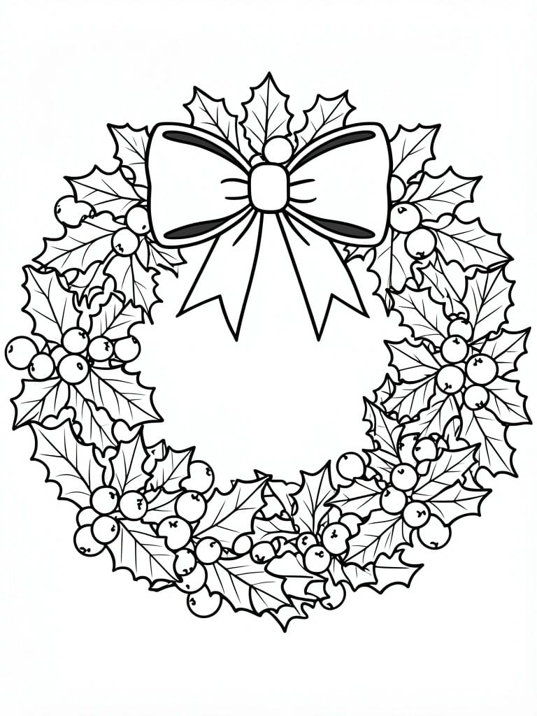 Line drawing of holly wreath with berries and large bow on top.