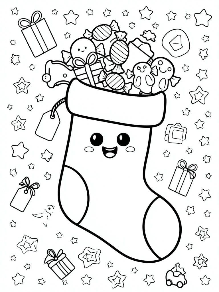 A black and white coloring page shows a smiling Christmas stocking filled with gifts and candies, surrounded by stars and small presents.