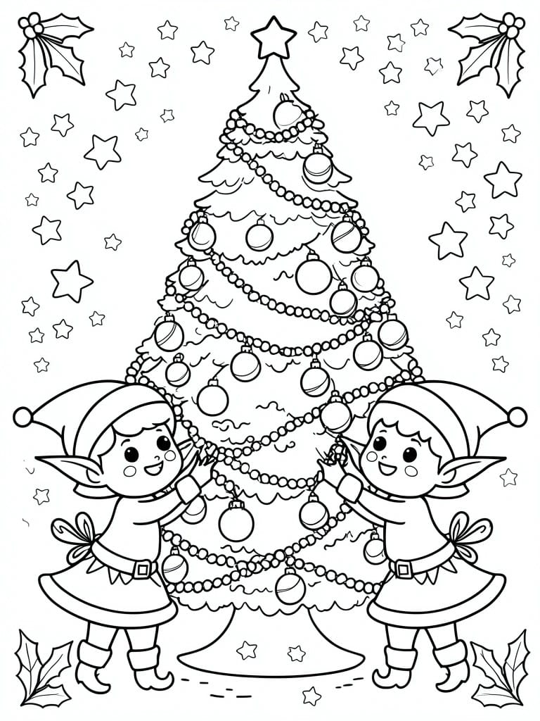Two elves decorating a Christmas tree with garlands amid stars and holly