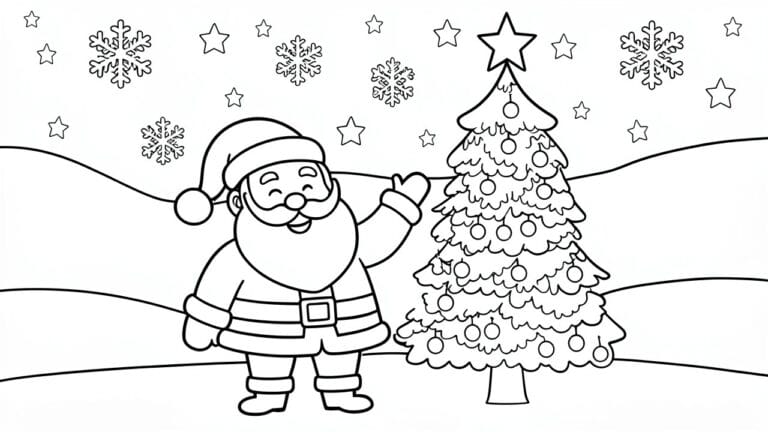 21 Festive Christmas Coloring Pages for Kids During Holiday Break Line art of Santa decorating a large Christmas tree with snowflakes and stars around.