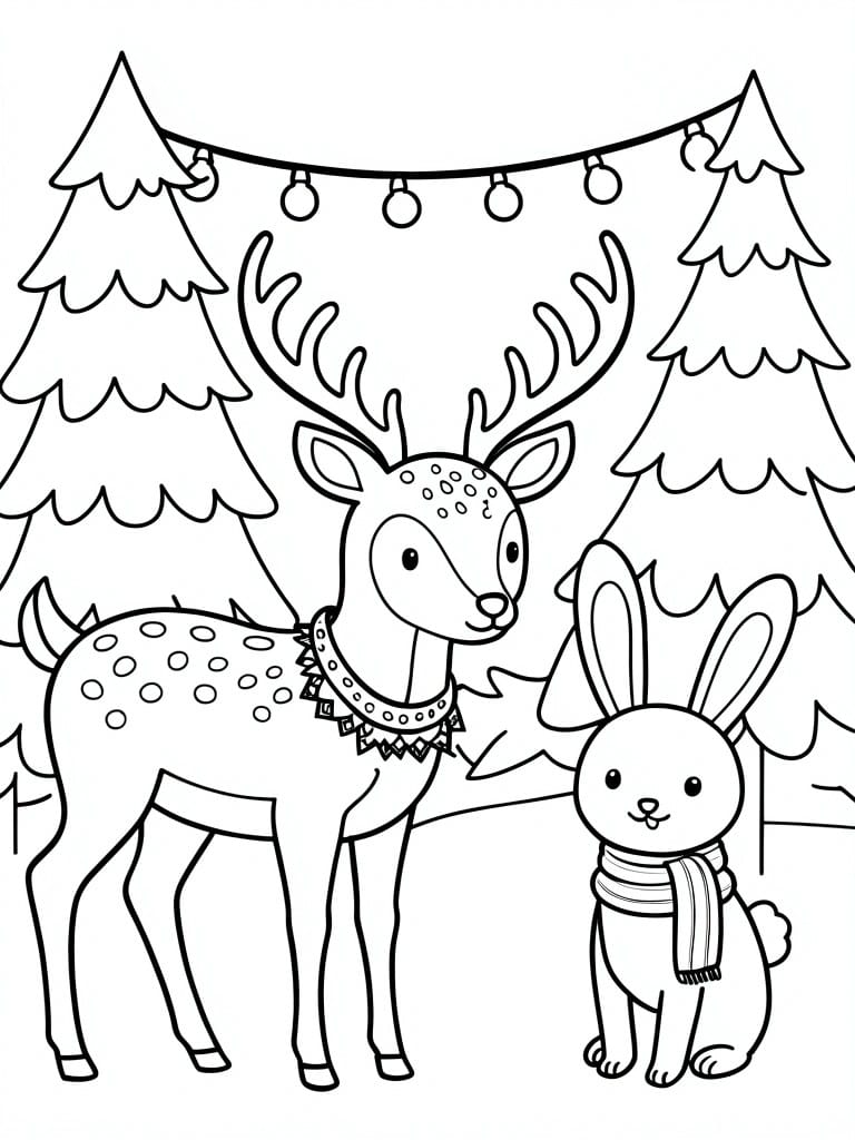 A black and white coloring page shows a spotted deer with antlers next to a rabbit wearing a scarf, with two trees and a string of lights in the background.