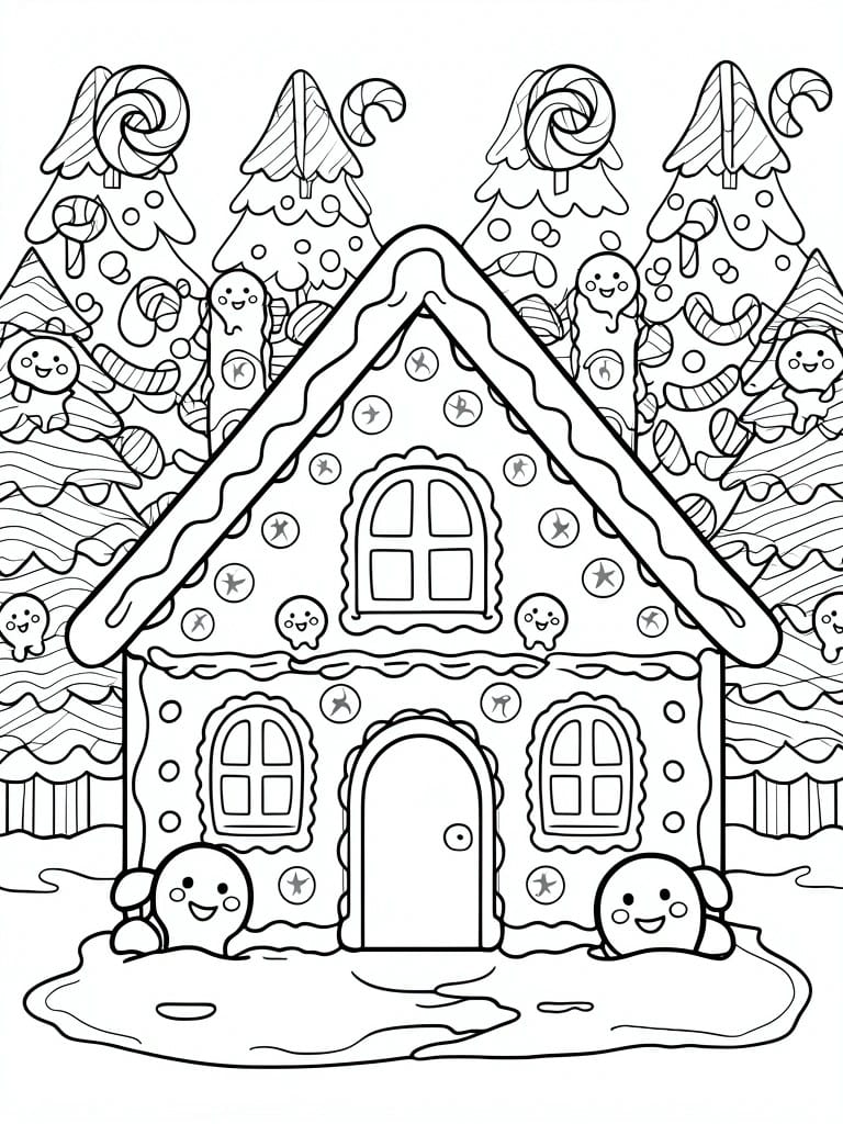 Black-and-white gingerbread house with candy decorations, gingerbread men, and lollipop trees.