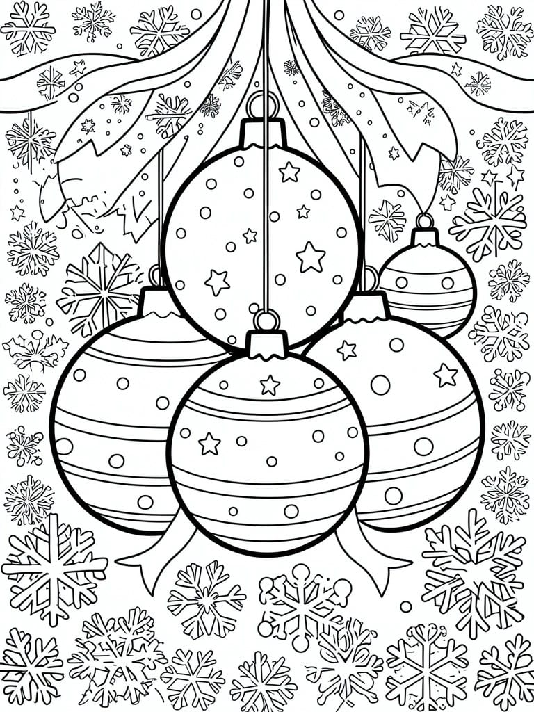 Coloring page of hanging Christmas ornaments with stars and snowflakes.