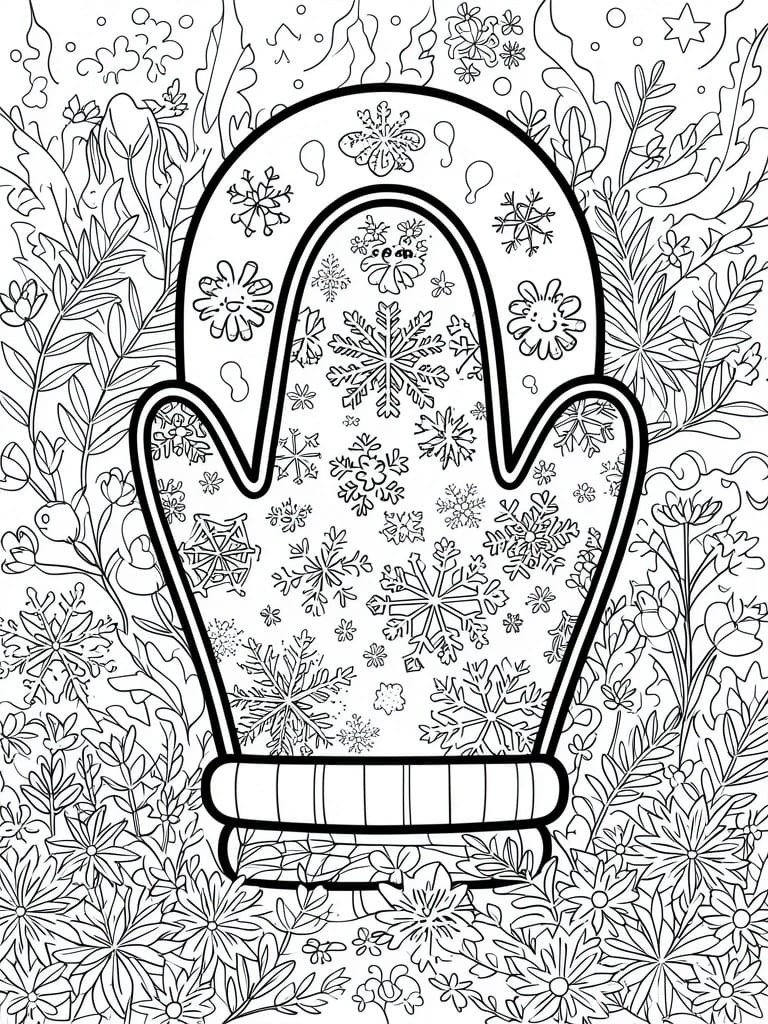 Line art of a snowflake-patterned mitten amid winter foliage and snowflakes