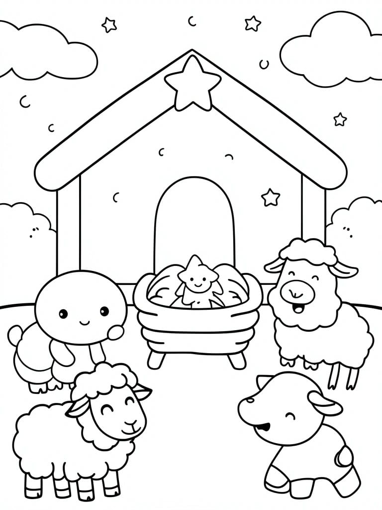 A black and white line drawing of a stable with a manger, a baby figure inside it, and four sheep standing around under stars and clouds.