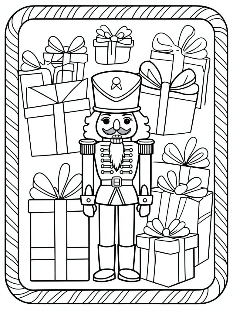 Nutcracker soldier amid wrapped gifts with bows inside candy cane border.