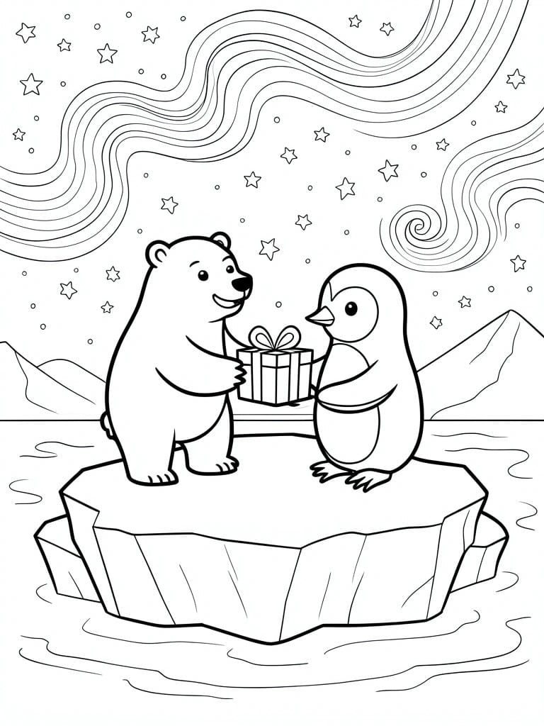 Polar bear and penguin exchanging gift on ice floe under starry sky