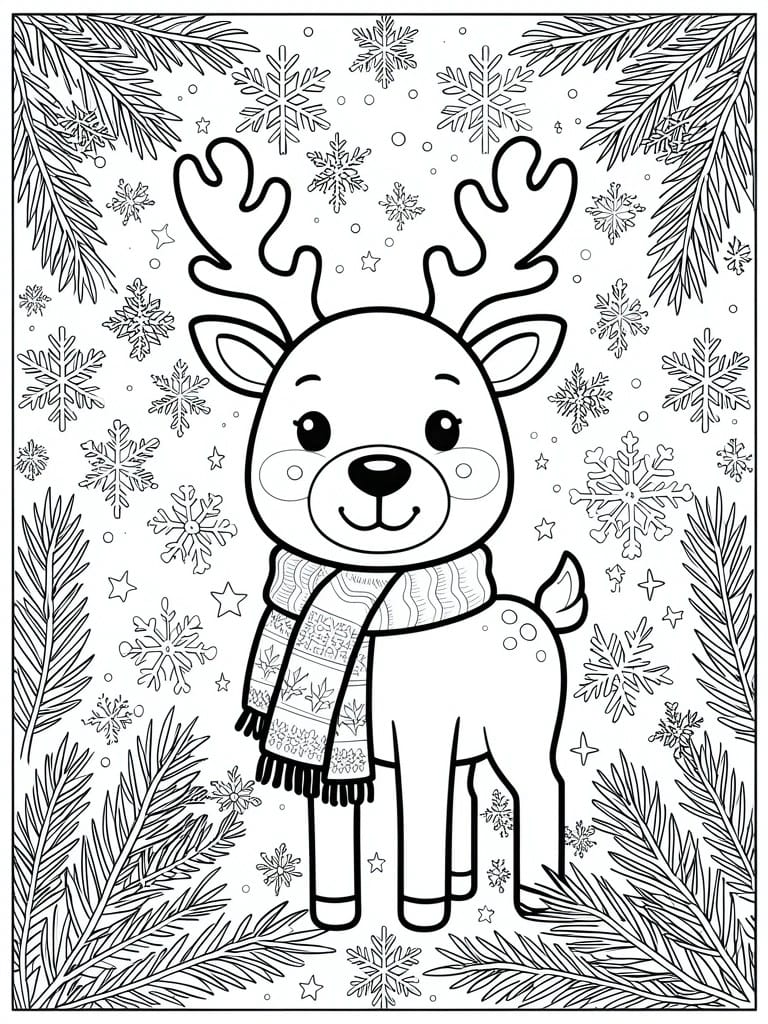 Cute reindeer in patterned scarf amid snowflakes and pine branches, black-and-white coloring page.