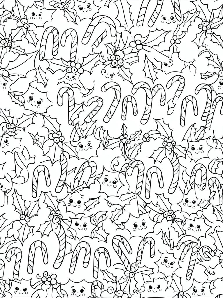 Black-and-white festive pattern of smiling candy canes and holly leaves
