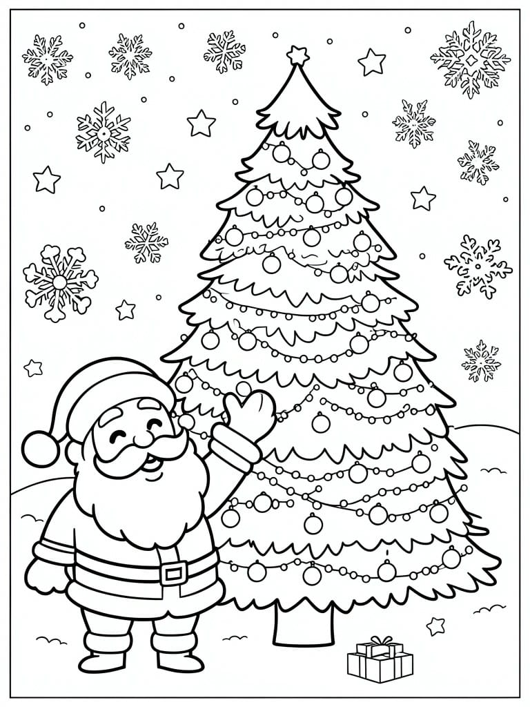 Line art of Santa decorating a large Christmas tree with snowflakes and stars around.