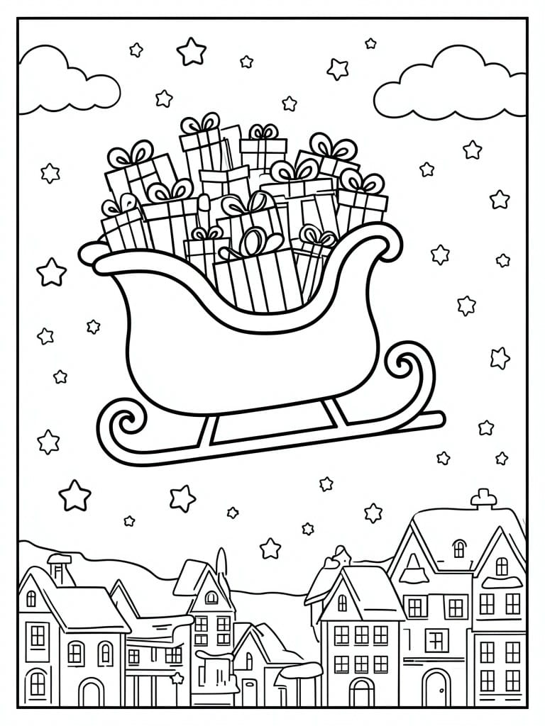 Santa's sleigh piled with gifts flying over snowy houses under stars