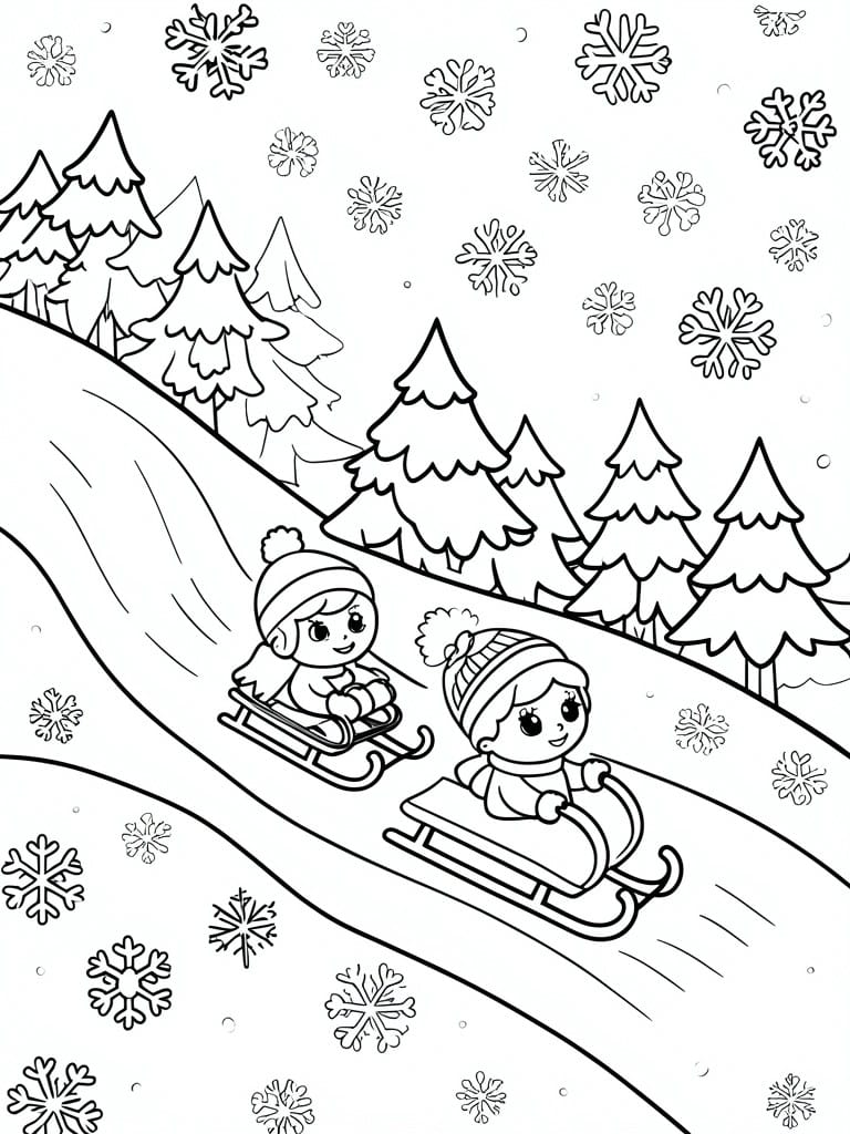 Two children sledding down a snowy hill with snowflakes and pine trees.