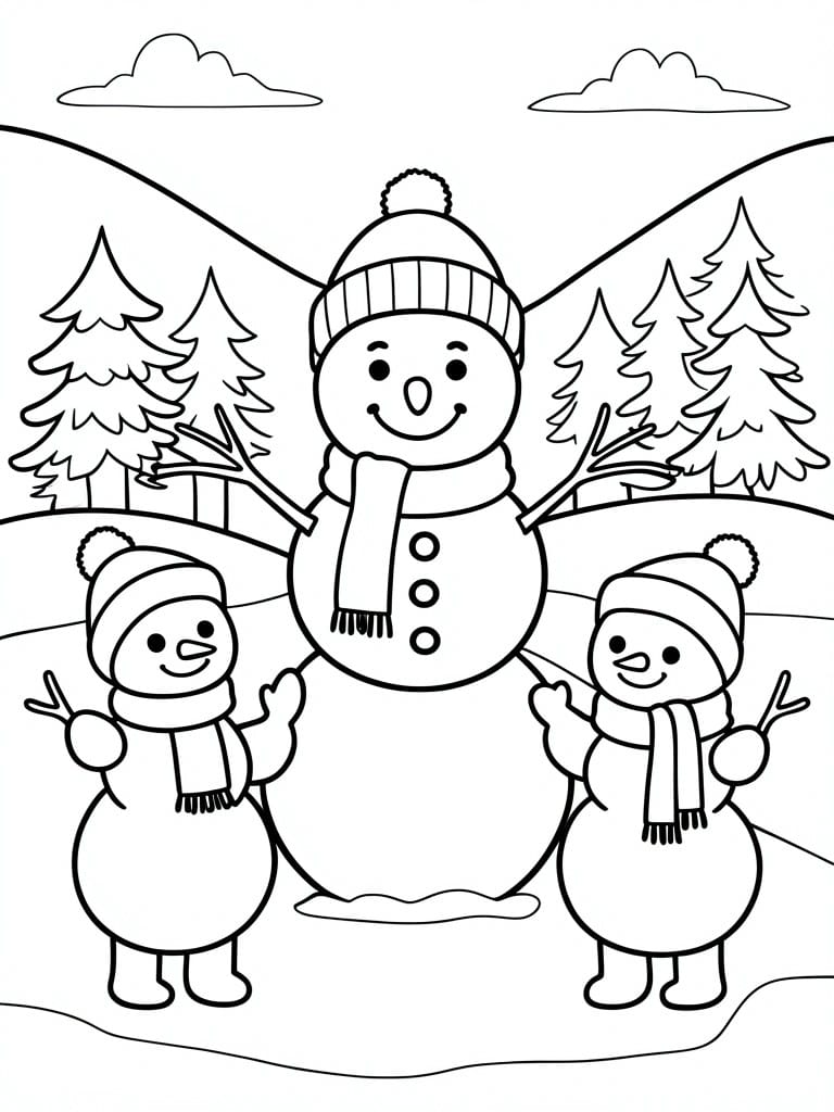 Three snowmen in hats and scarves with stick arms raised in snowy landscape with trees