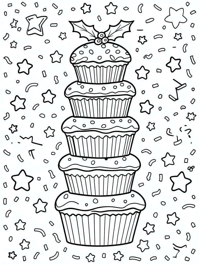 Stacked cupcakes topped with holly, surrounded by stars and confetti shapes.