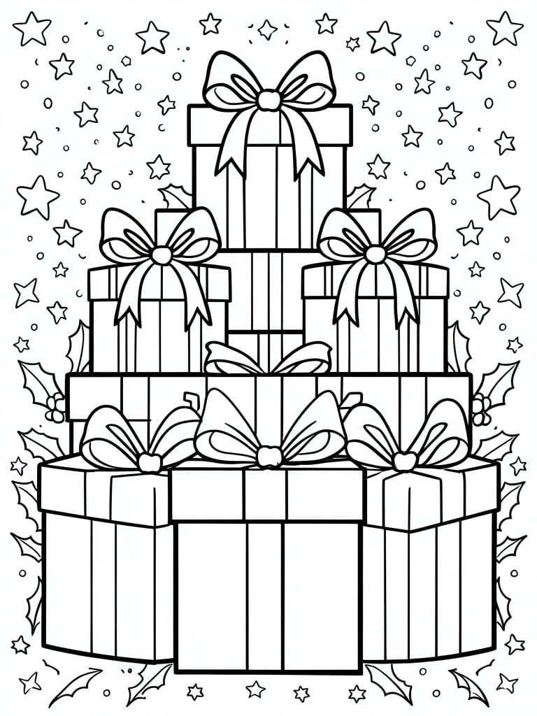 Stacked Christmas gift boxes with bows, stars, and holly in coloring page style