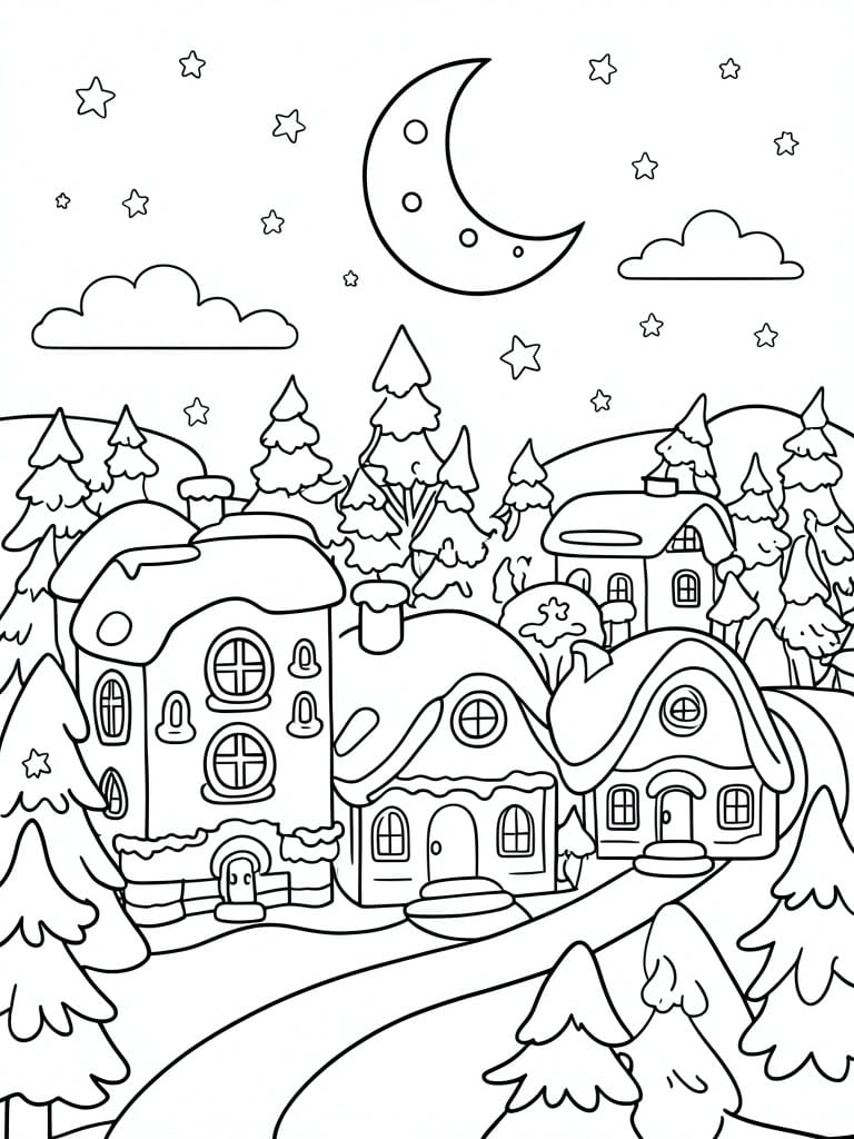 A black and white line drawing of snow-covered houses, pine trees, a crescent moon, and stars forming a Christmas village scene.