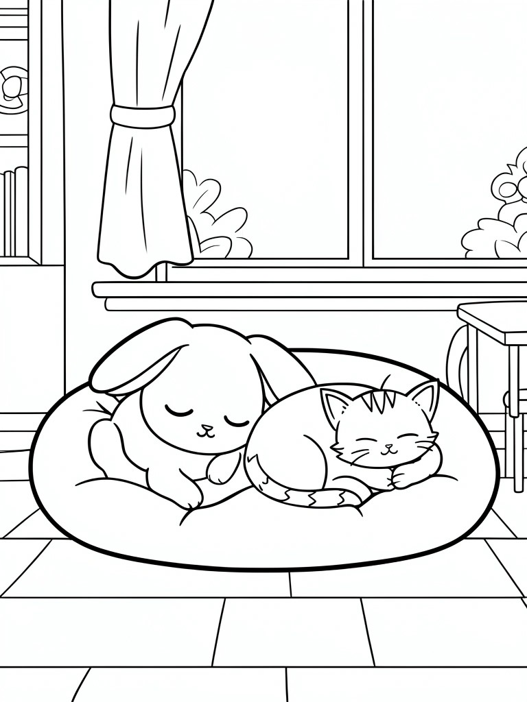 Sleeping bunny and cat curled together on a round cushion by a window.