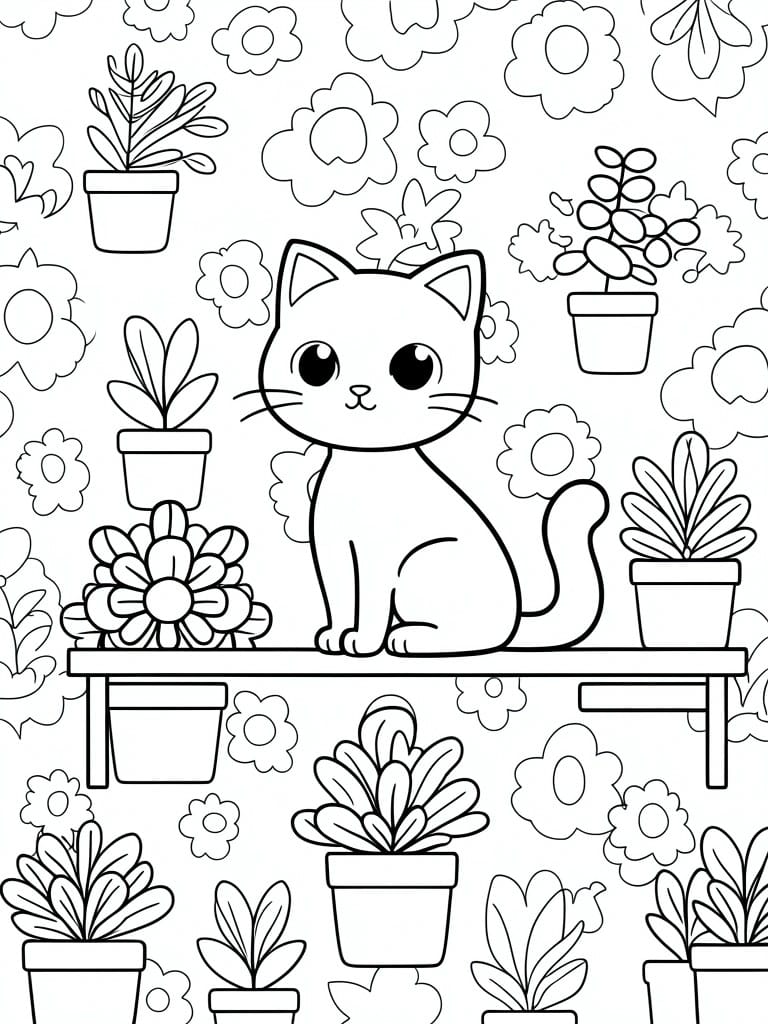 A black and white line drawing of a cartoon cat sitting among potted plants and flowers on a table.