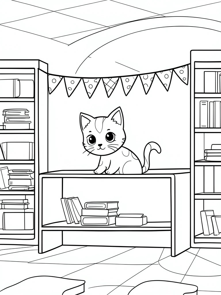 Cartoon cat on library counter with bookshelves and bunting flags above