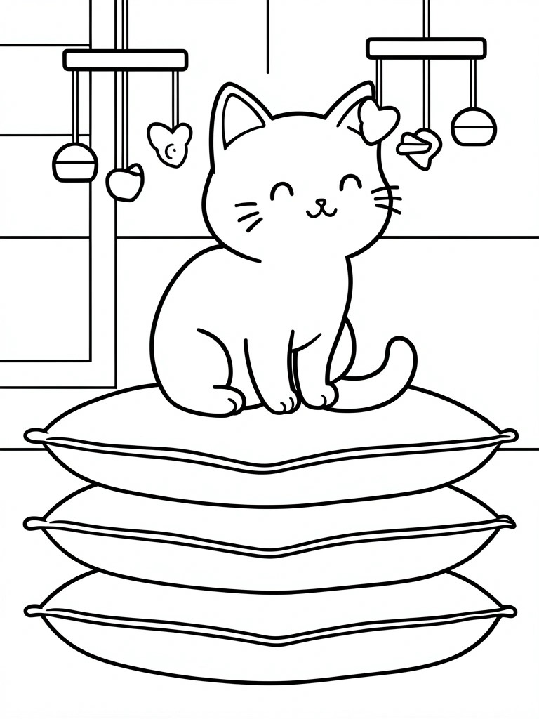 Cartoon cat sitting on stacked pillows with dangling toys above