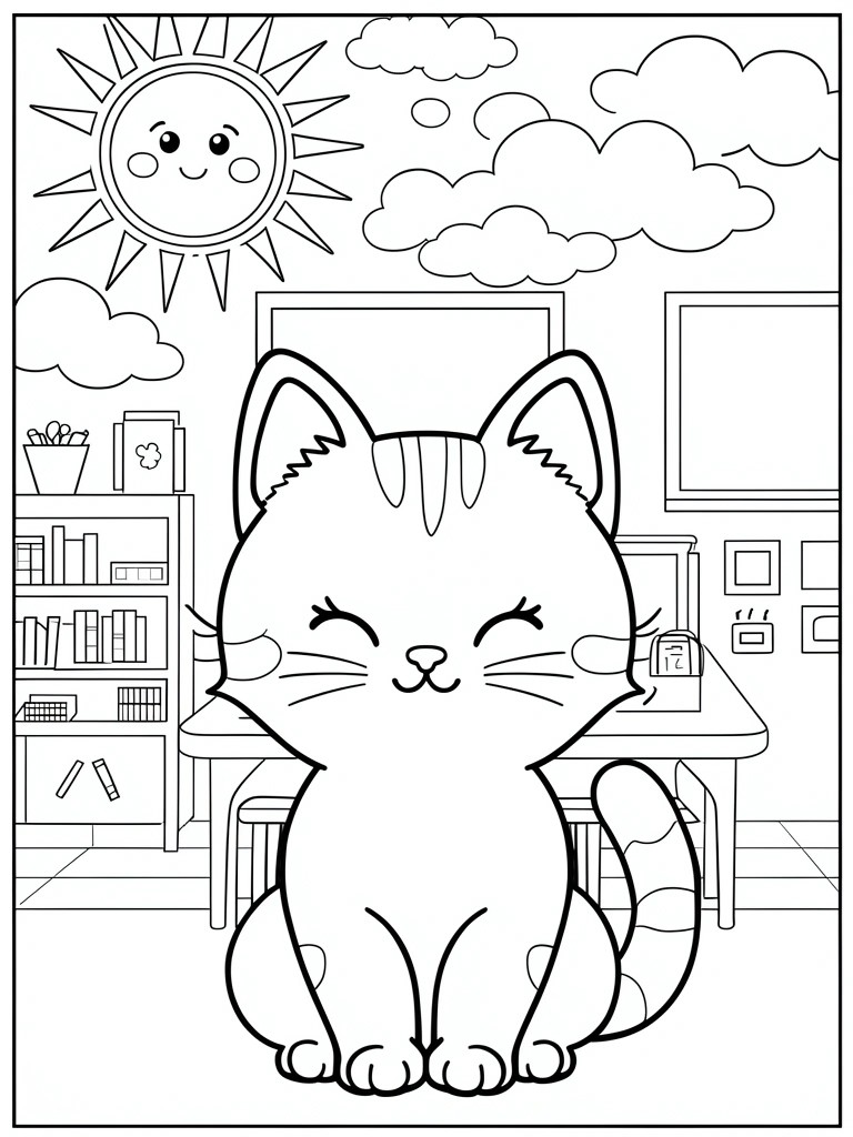 A black and white line drawing of a cute cat sitting in a classroom with bookshelves, desks, a window showing the sun and clouds.