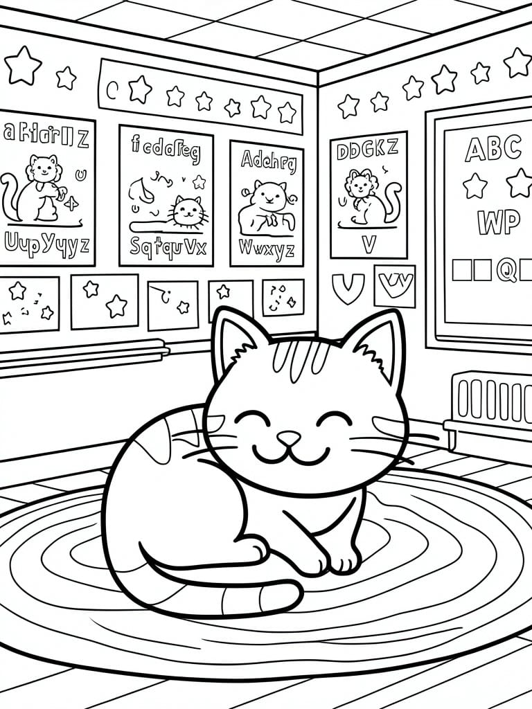 A black and white line drawing of a smiling cat on a circular rug inside a room with alphabet posters and star decorations on the walls.