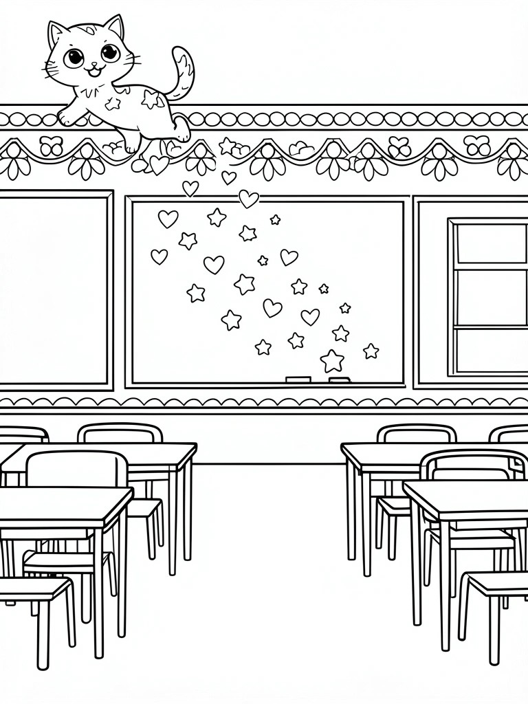 Classroom with rows of desks, blackboards covered in stars and hearts, and a cute cat.