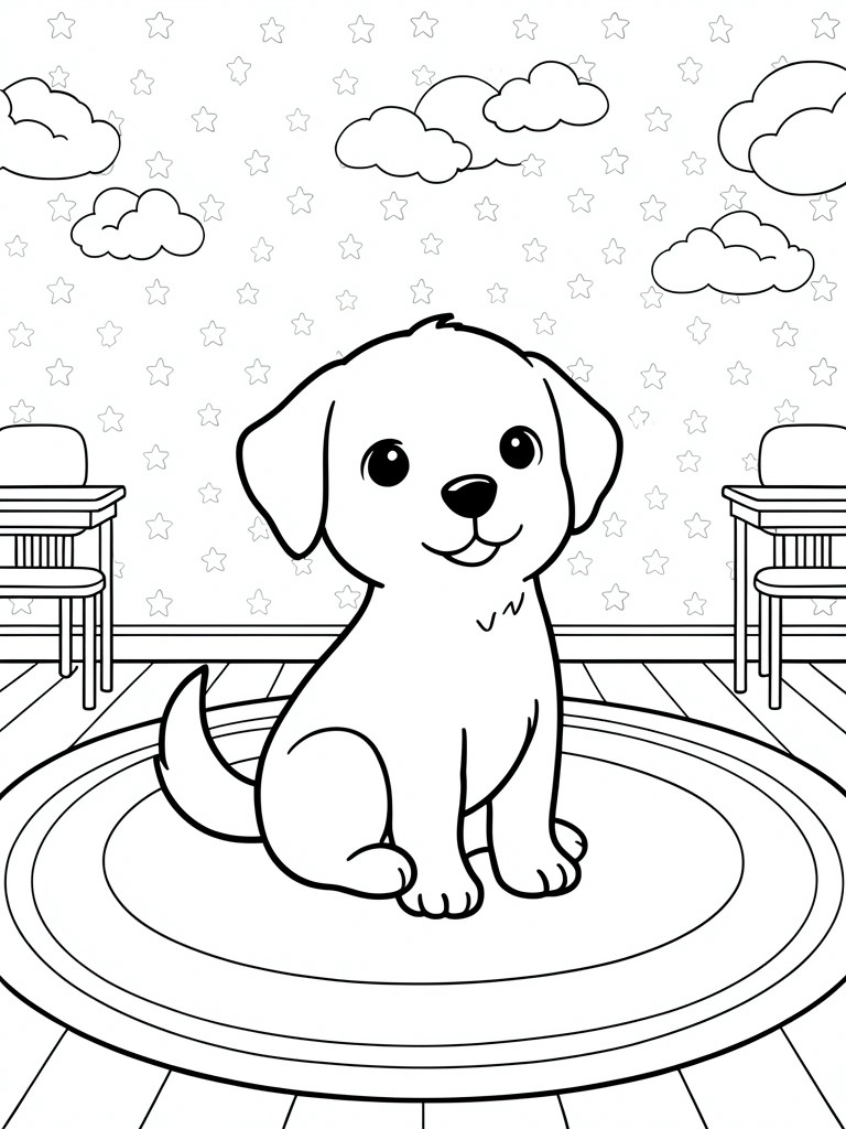 Cartoon puppy sitting on rug in classroom with desks, clouds and stars.