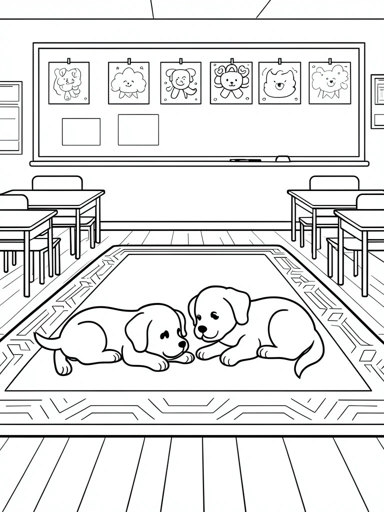 Two puppies on a rug in a classroom with animal drawings on the board and desks.