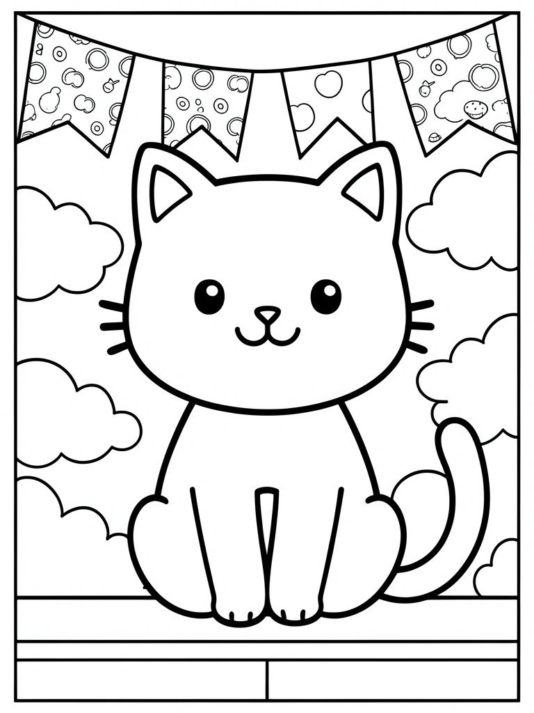 Black-and-white cartoon cat sitting under patterned bunting flags amid fluffy clouds.