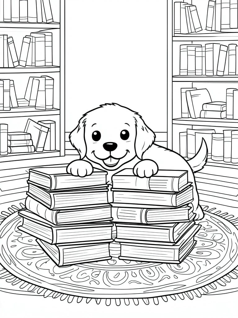 Cartoon puppy resting paws on stacked books between library bookshelves on a rug